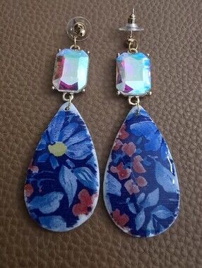 Hand Crafted Iridescent Crystal & Blue Floral Teardrop Drop Earrings